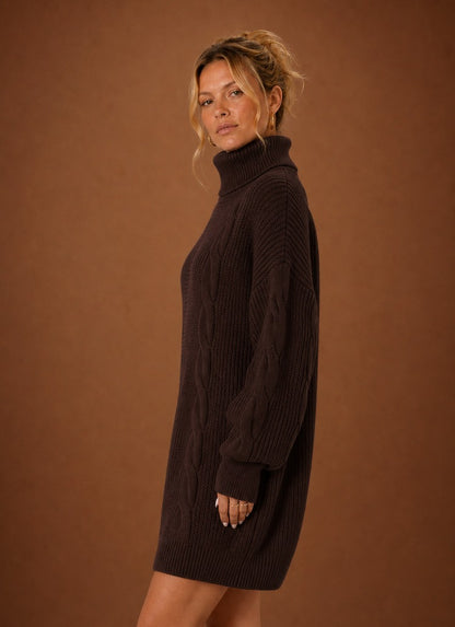Cable Knit Turtleneck Sweater Dress