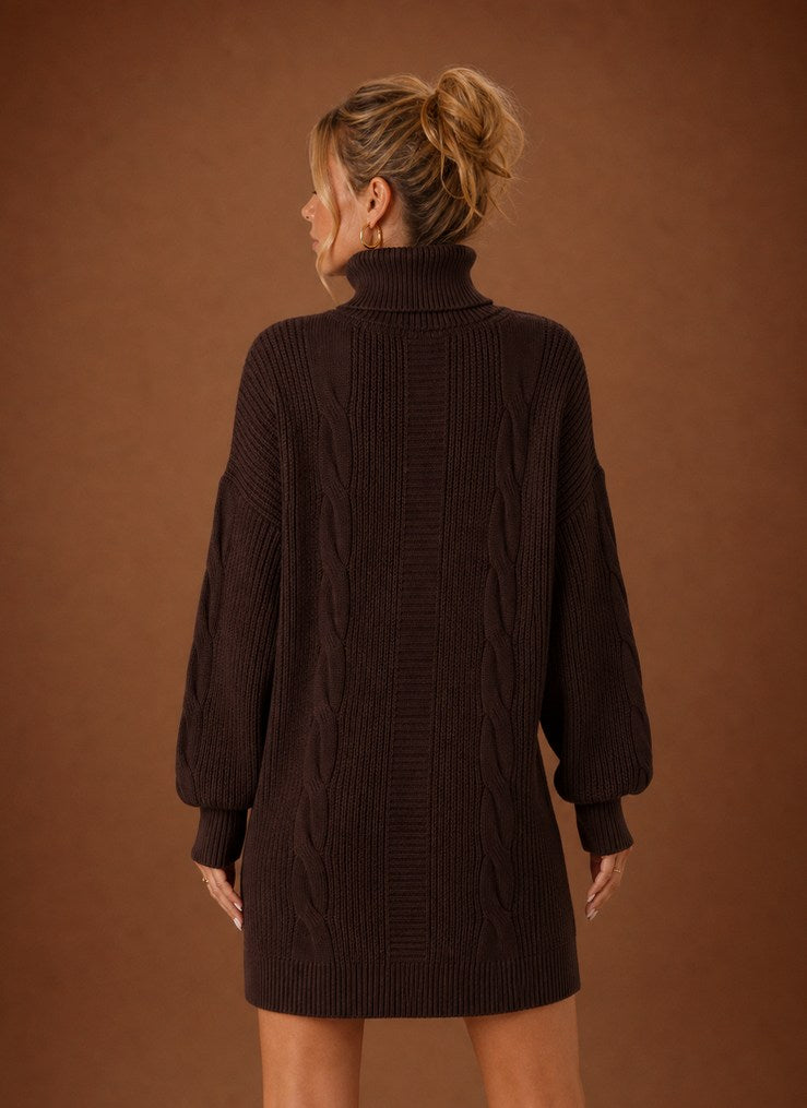 Cable Knit Turtleneck Sweater Dress