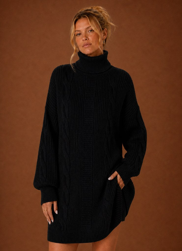 Cable Knit Turtleneck Sweater Dress in Black