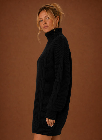 Cable Knit Turtleneck Sweater Dress