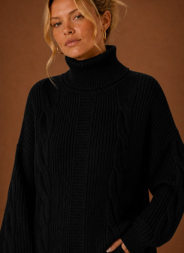Cable Knit Turtleneck Sweater Dress