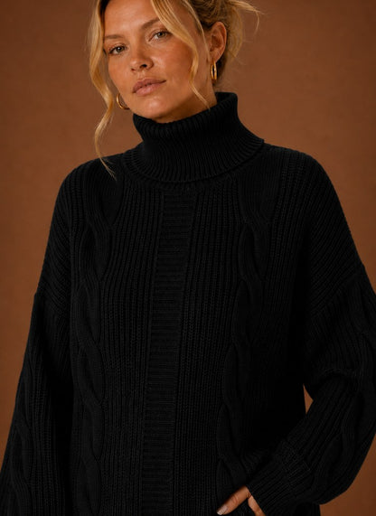 Cable Knit Turtleneck Sweater Dress