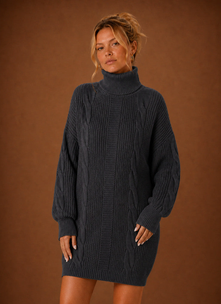 Cable Knit Turtleneck Sweater Dress in Dark Gray