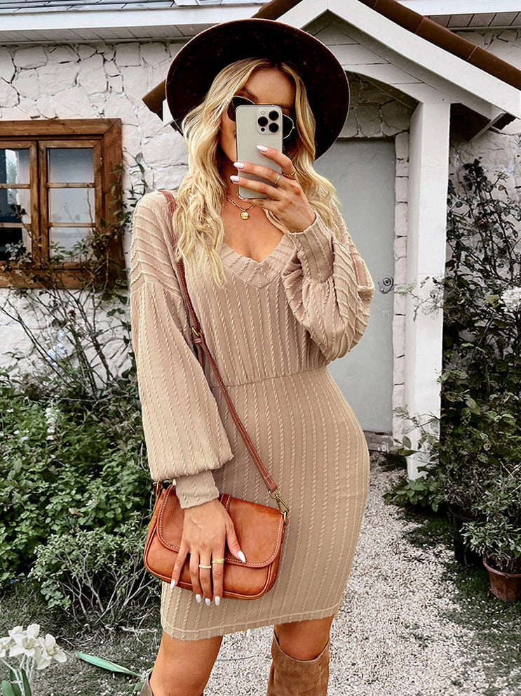 Cable Knit V Neck Mini Sweater Dress