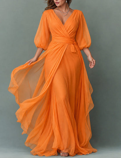 Chiffon Balloon Sleeve Wrap Maxi Dress in Orange