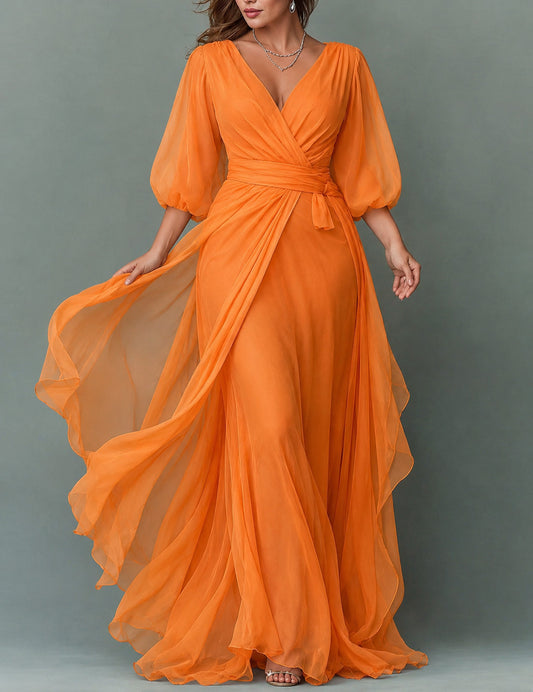 Chiffon Balloon Sleeve Wrap Maxi Dress in Orange
