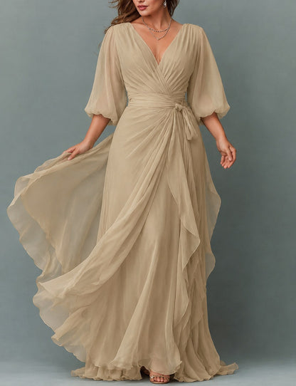 Chiffon Balloon Sleeve Wrap Maxi Dress in Beige