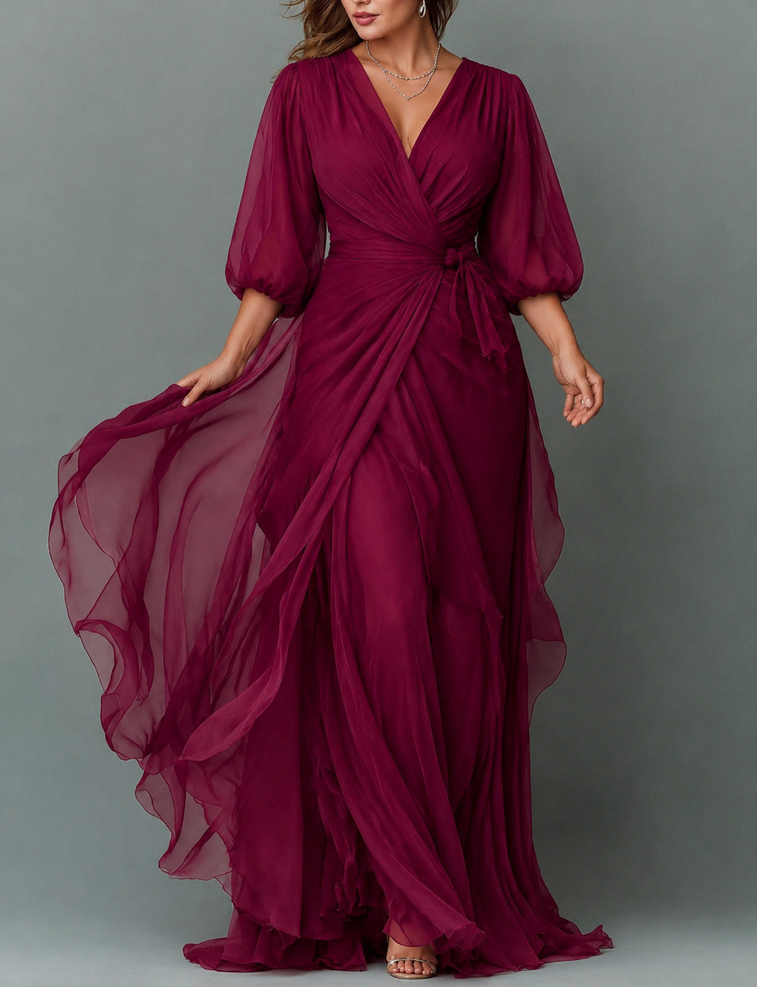 Chiffon Balloon Sleeve Wrap Maxi Dress in Burgundy
