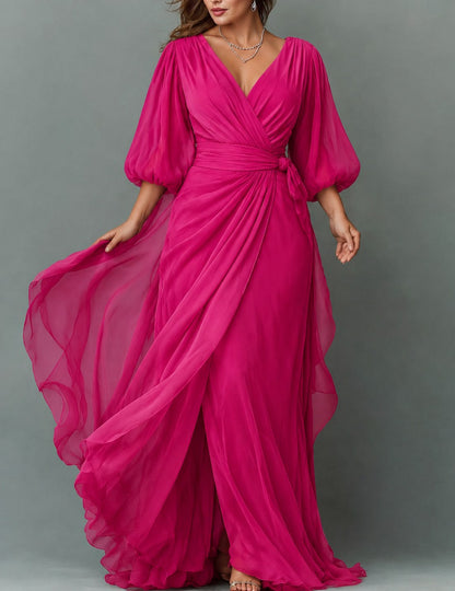 Chiffon Balloon Sleeve Wrap Maxi Dress in Pink