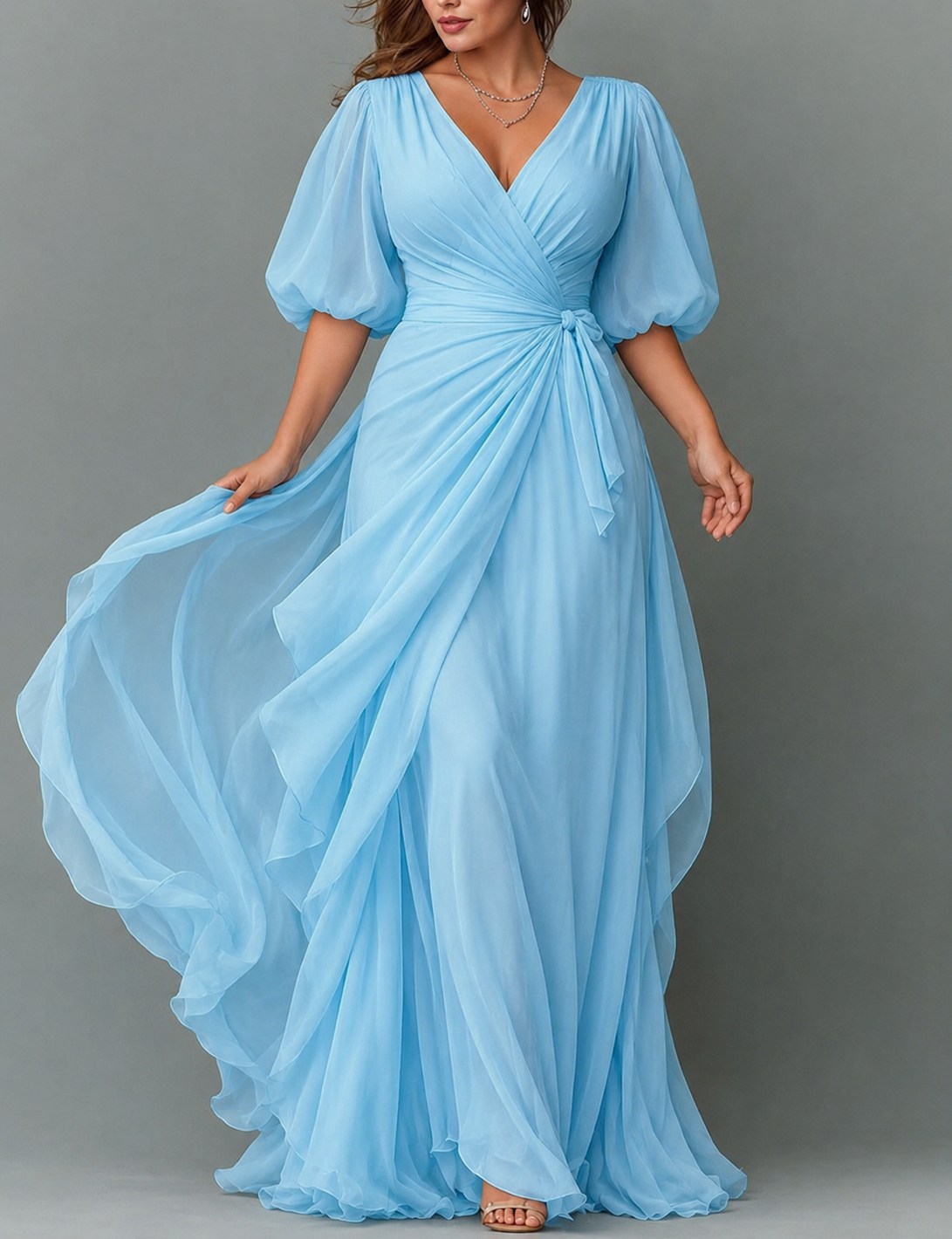 Chiffon Balloon Sleeve Wrap Maxi Dress in Light Blue