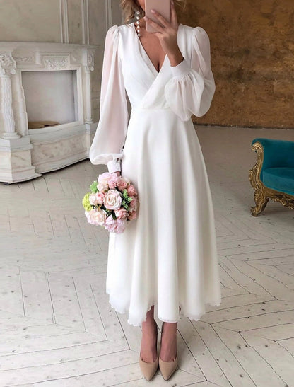 Chiffon Bishop Sleeve Midi Dress in White