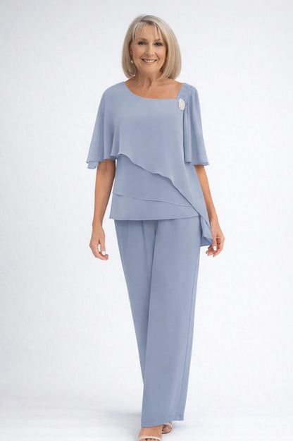 Chiffon Capelet Top and Pant Set in Light Blue