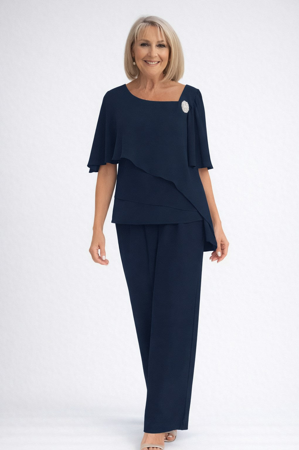 Chiffon Capelet Top and Pant Set in Navy Blue