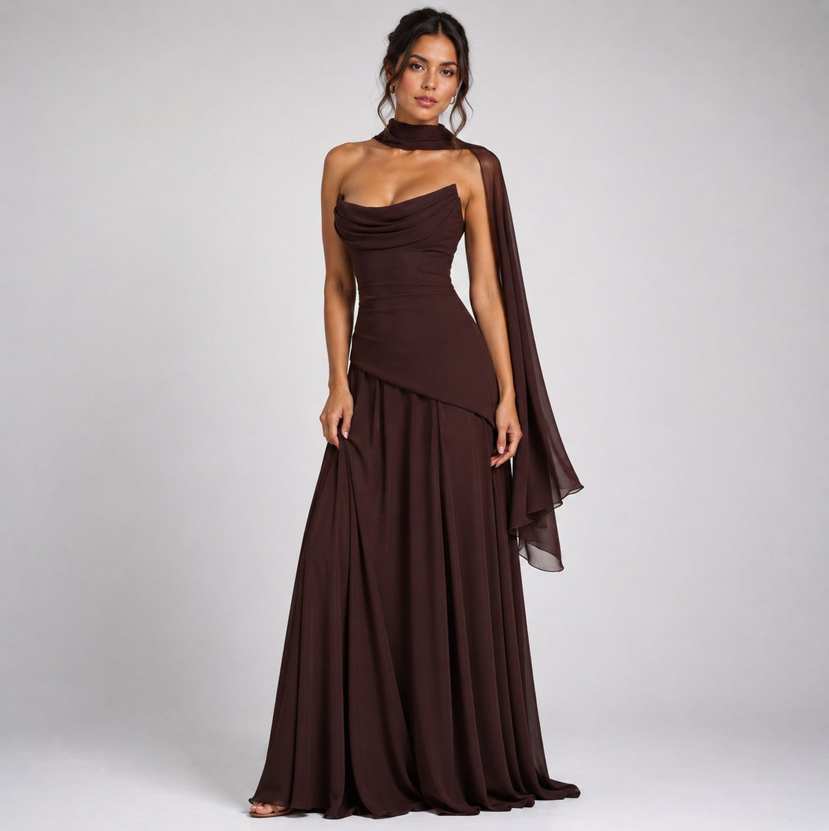 Chiffon Cowl Drop Waist Maxi Dress in Coffee