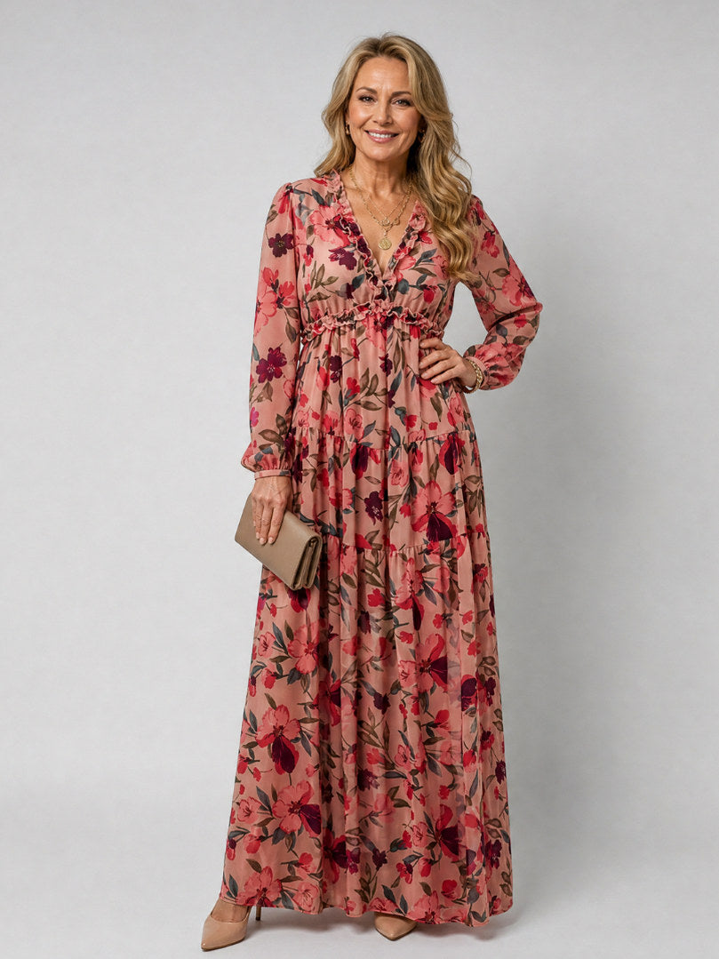 Chiffon Long Sleeve Tiered Maxi Dress in Pink