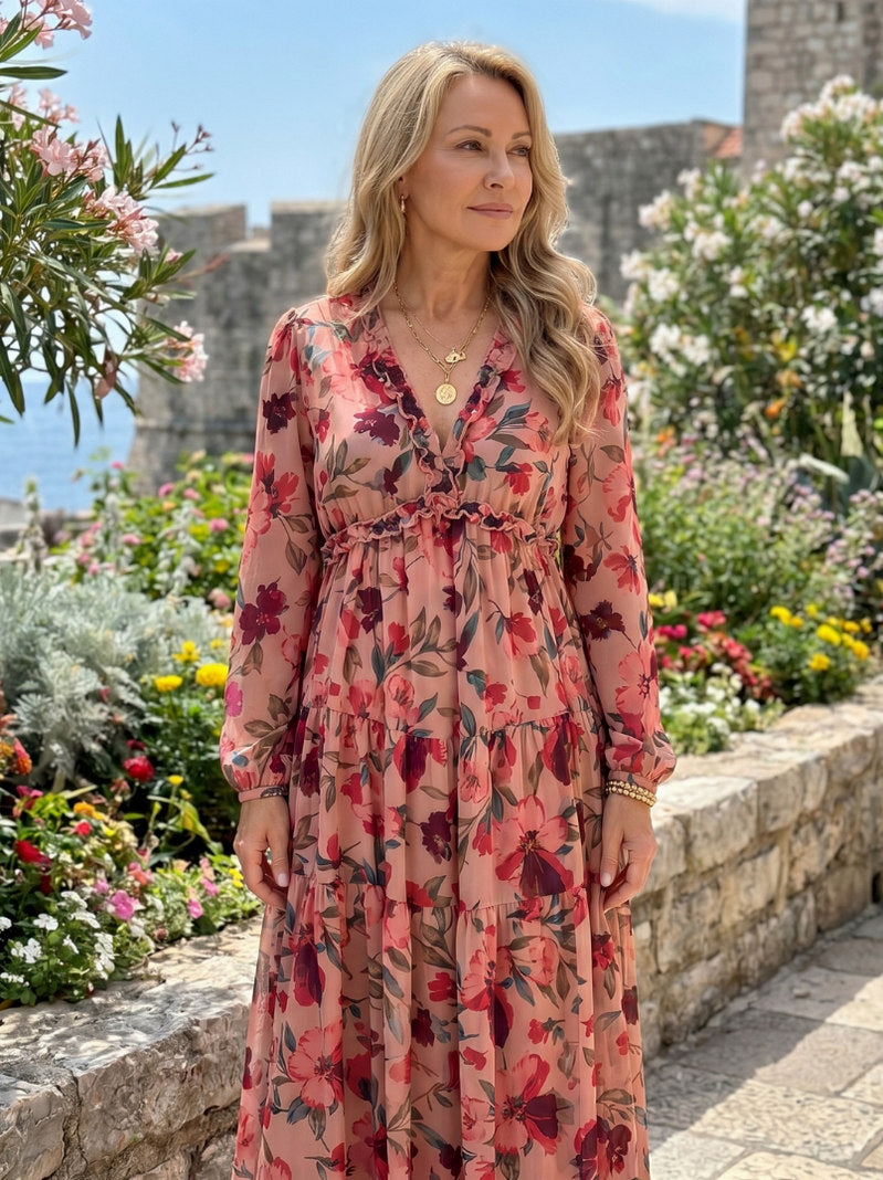 Chiffon Long Sleeve Tiered Maxi Dress