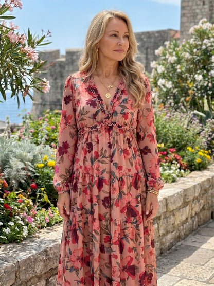 Chiffon Long Sleeve Tiered Maxi Dress