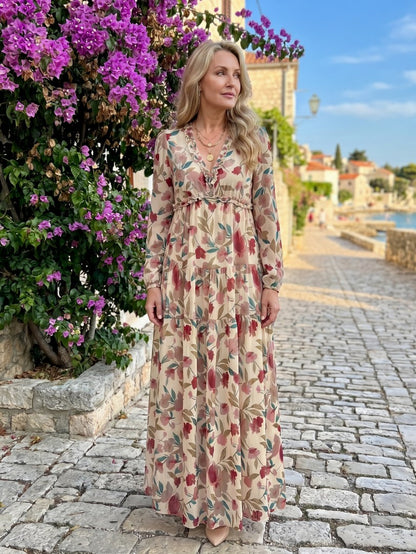 Chiffon Long Sleeve Tiered Maxi Dress