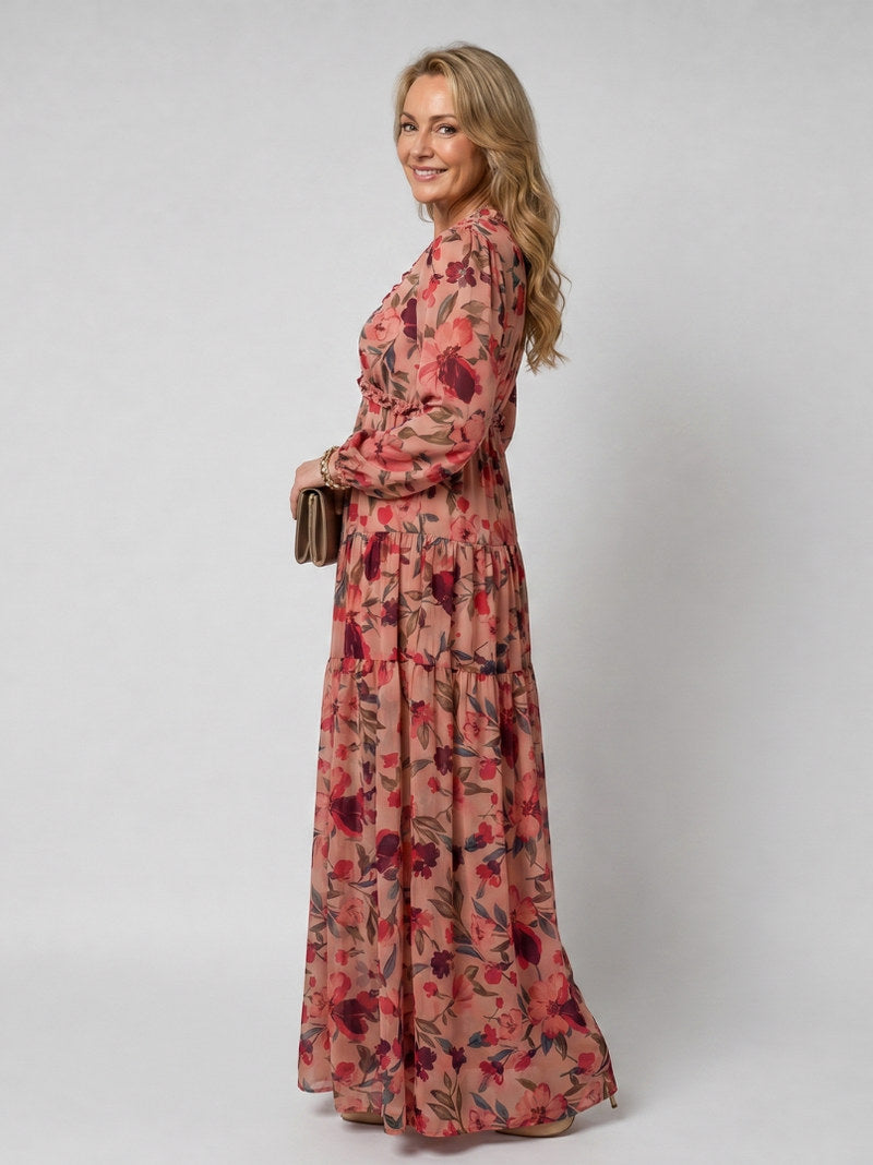 Chiffon Long Sleeve Tiered Maxi Dress