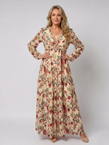 Chiffon Long Sleeve Tiered Maxi Dress in Beige