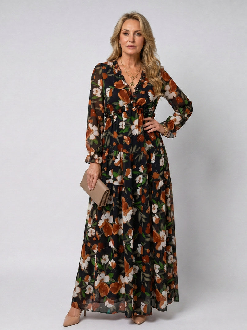 Chiffon Long Sleeve Tiered Maxi Dress in Black