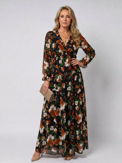 Chiffon Long Sleeve Tiered Maxi Dress in Black