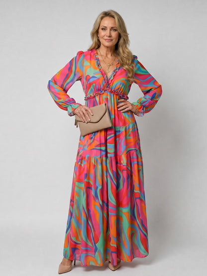Chiffon Long Sleeve Tiered Maxi Dress in Multicolor