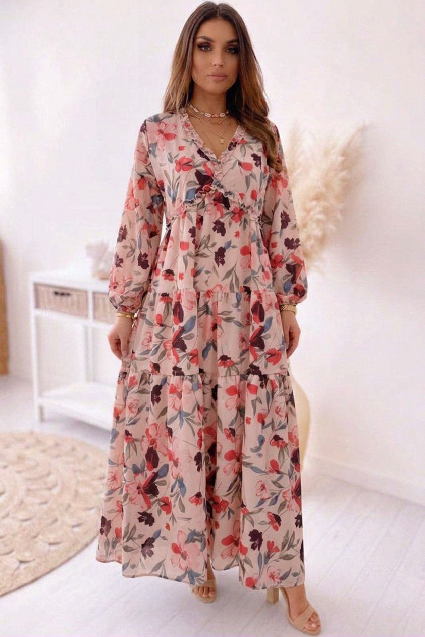 Chiffon Long Sleeve Tiered Maxi Dress in Blush Pink