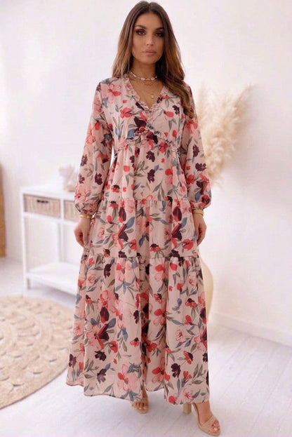 Chiffon Long Sleeve Tiered Maxi Dress in Blush Pink
