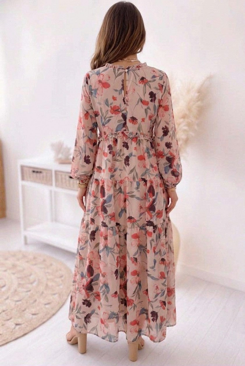 Chiffon Long Sleeve Tiered Maxi Dress