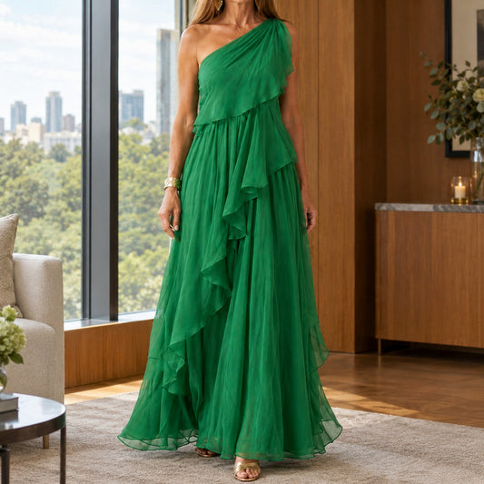 Chiffon One Shoulder Tiered Maxi Dress in Green