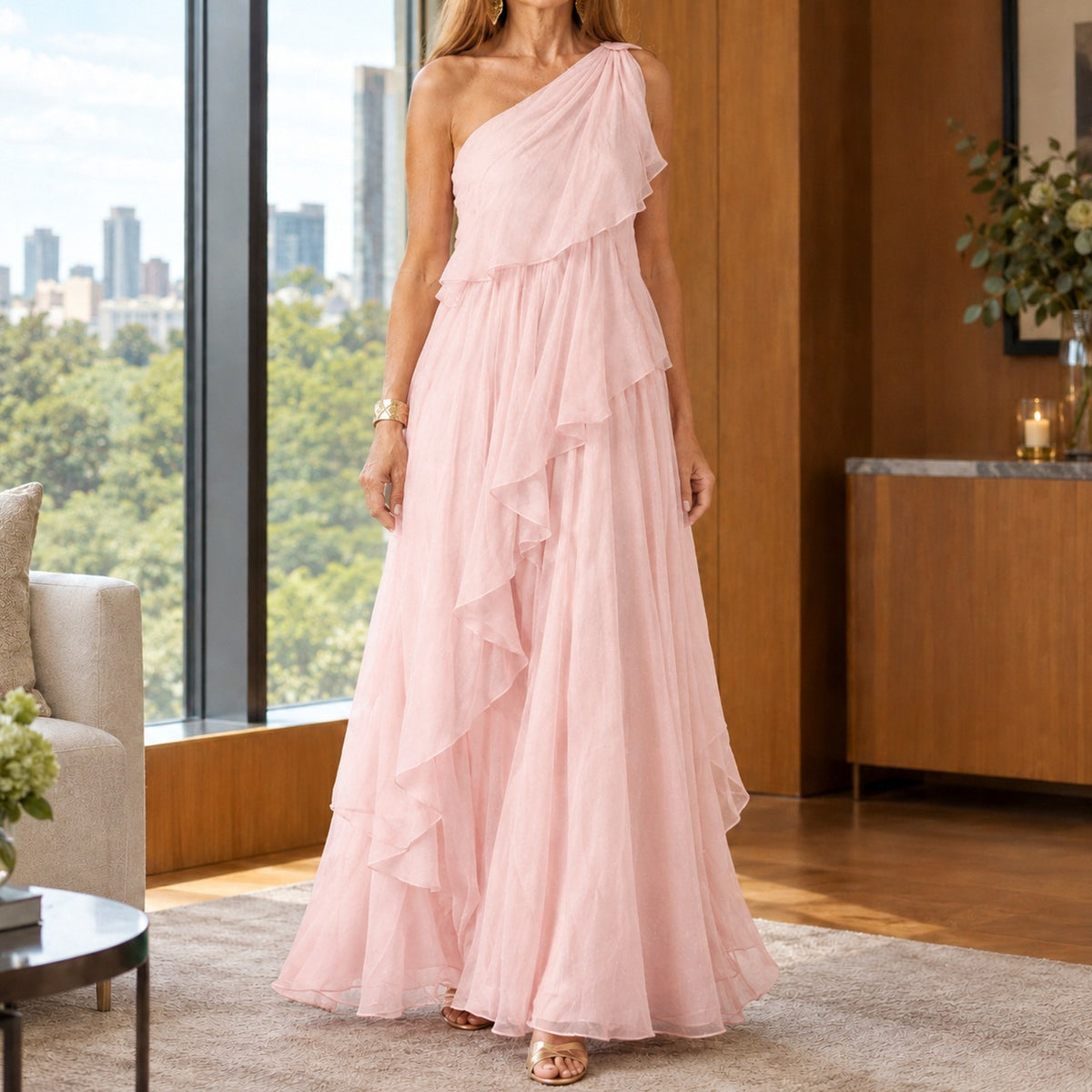 Chiffon One Shoulder Tiered Maxi Dress in Pink