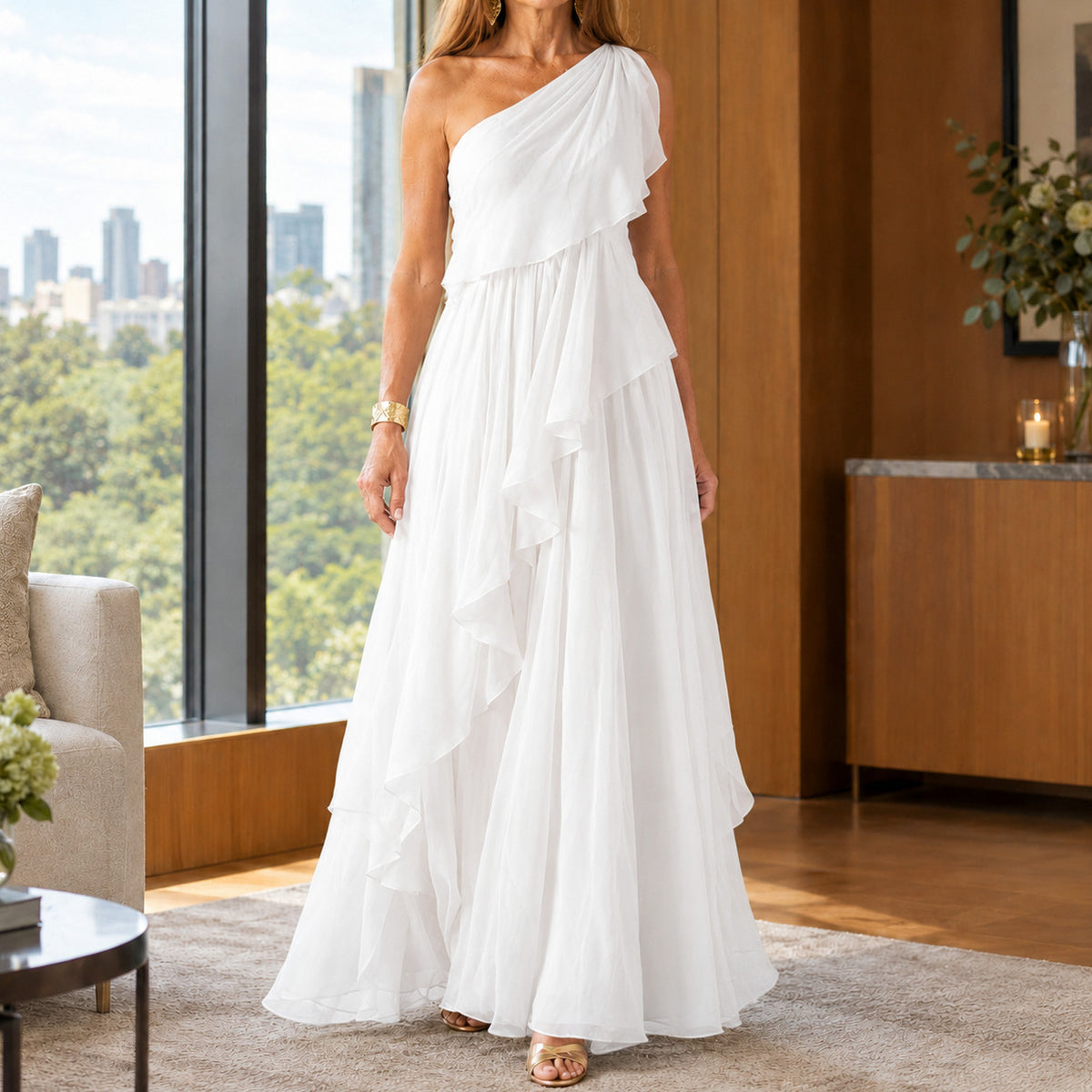 Chiffon One Shoulder Tiered Maxi Dress in White