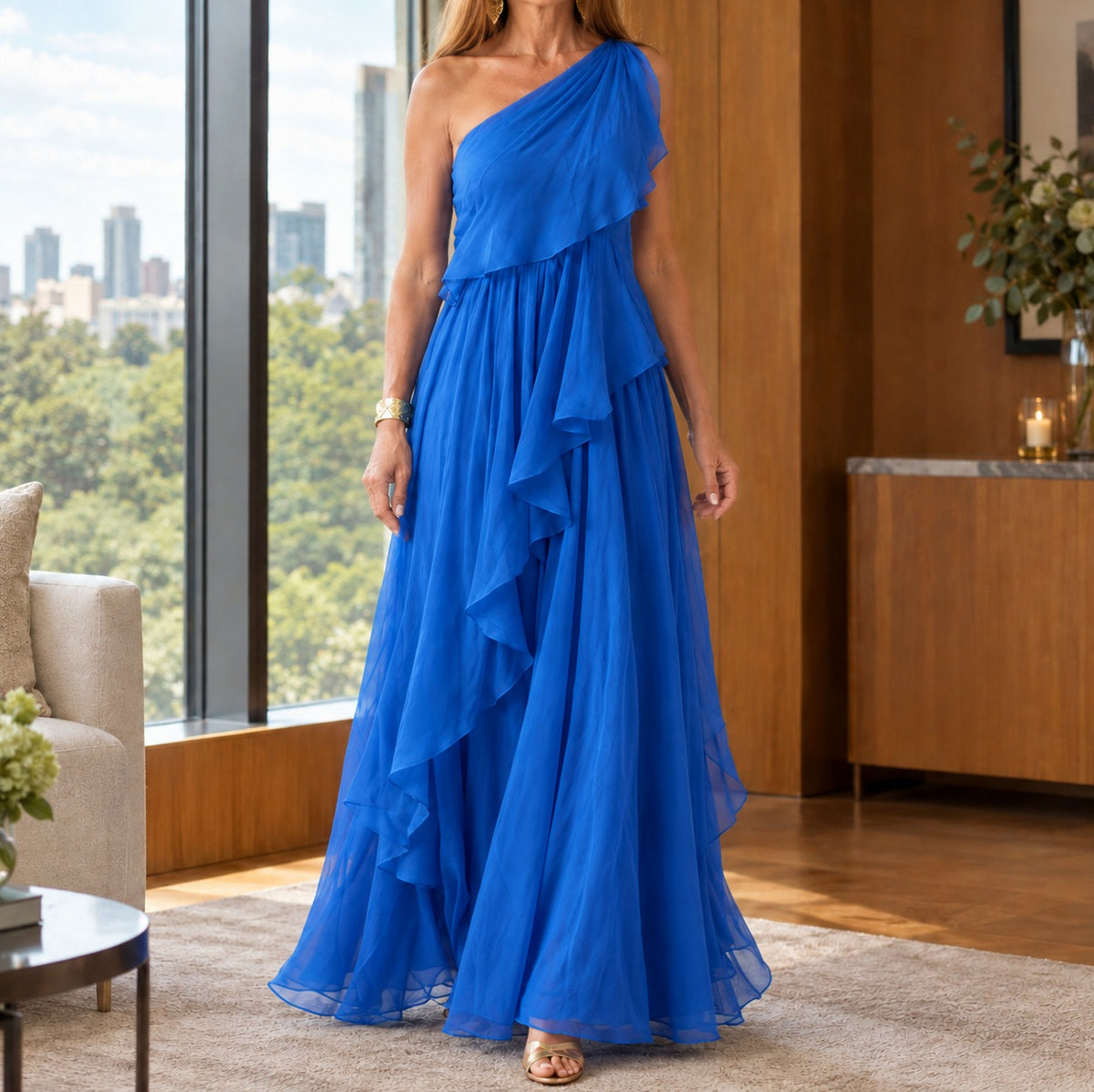 Chiffon One Shoulder Tiered Maxi Dress in Blue