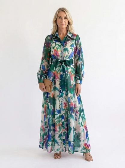 Chiffon Tie Waist Maxi Shirt Dress in Green