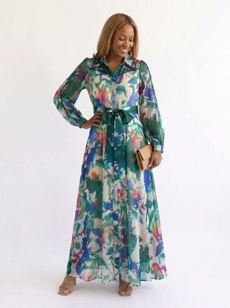 Chiffon Tie Waist Maxi Shirt Dress