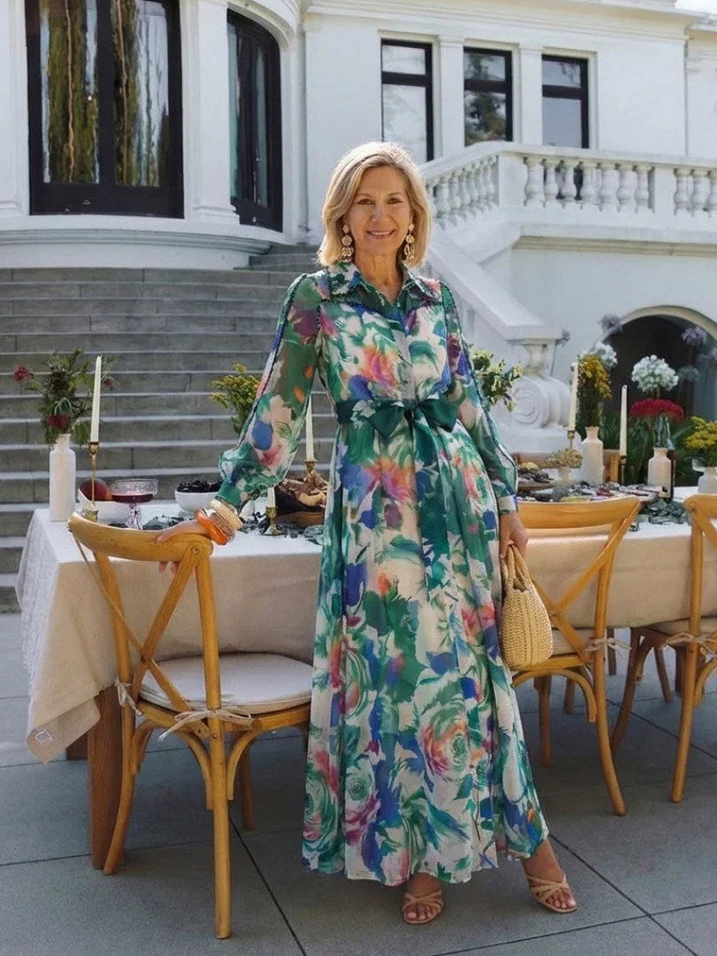 Chiffon Tie Waist Maxi Shirt Dress