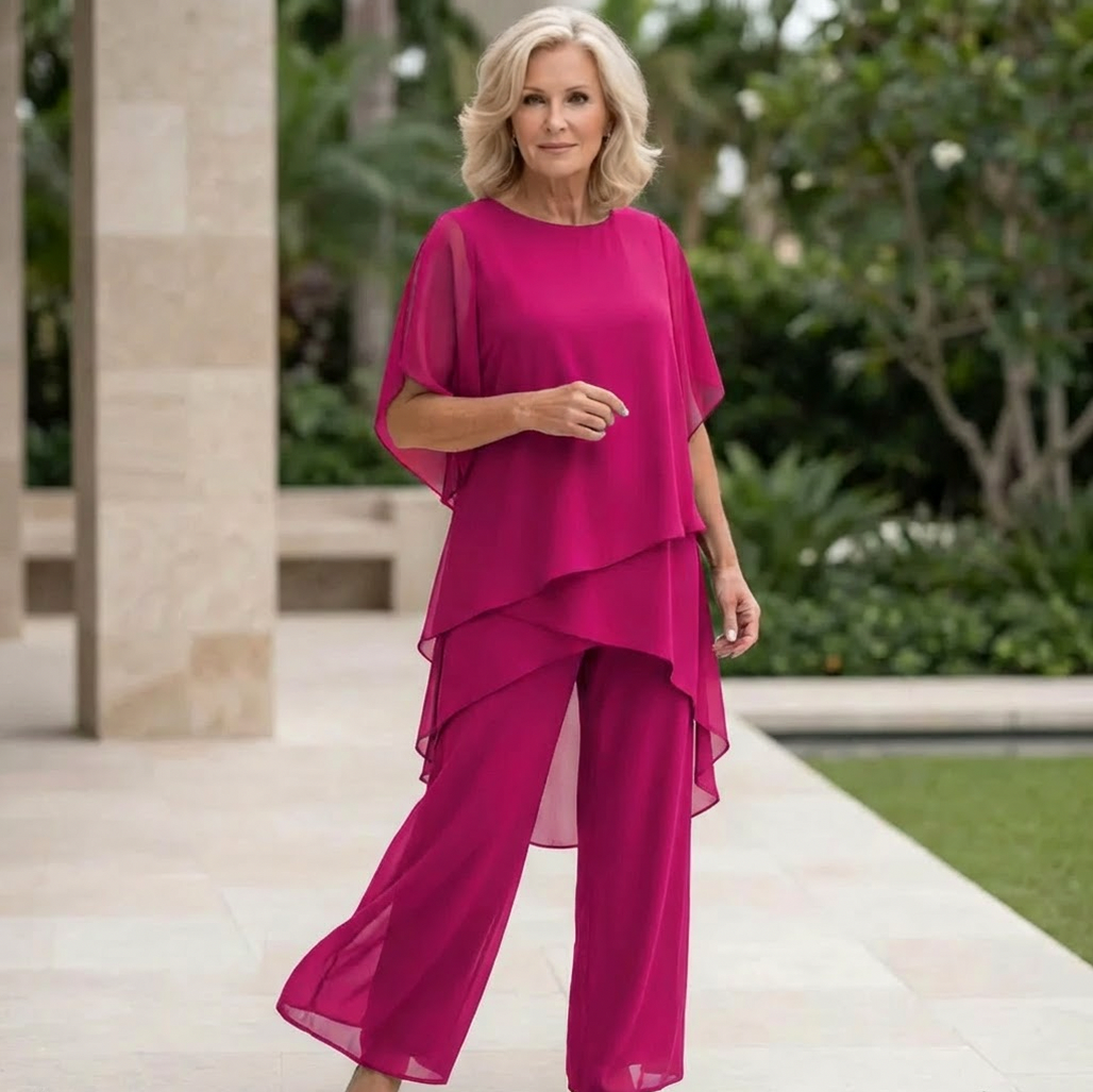 Chiffon Tiered Asymmetrical Two Piece Set in Fuchsia