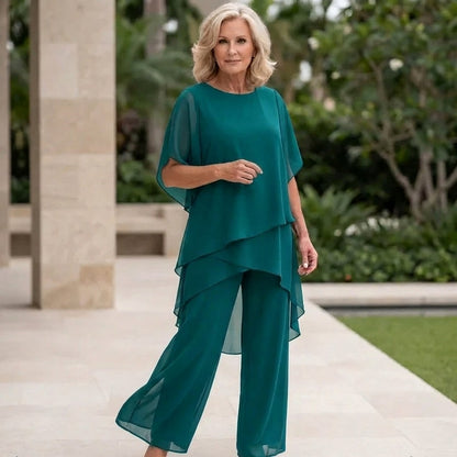 Chiffon Tiered Asymmetrical Two Piece Set in Teal