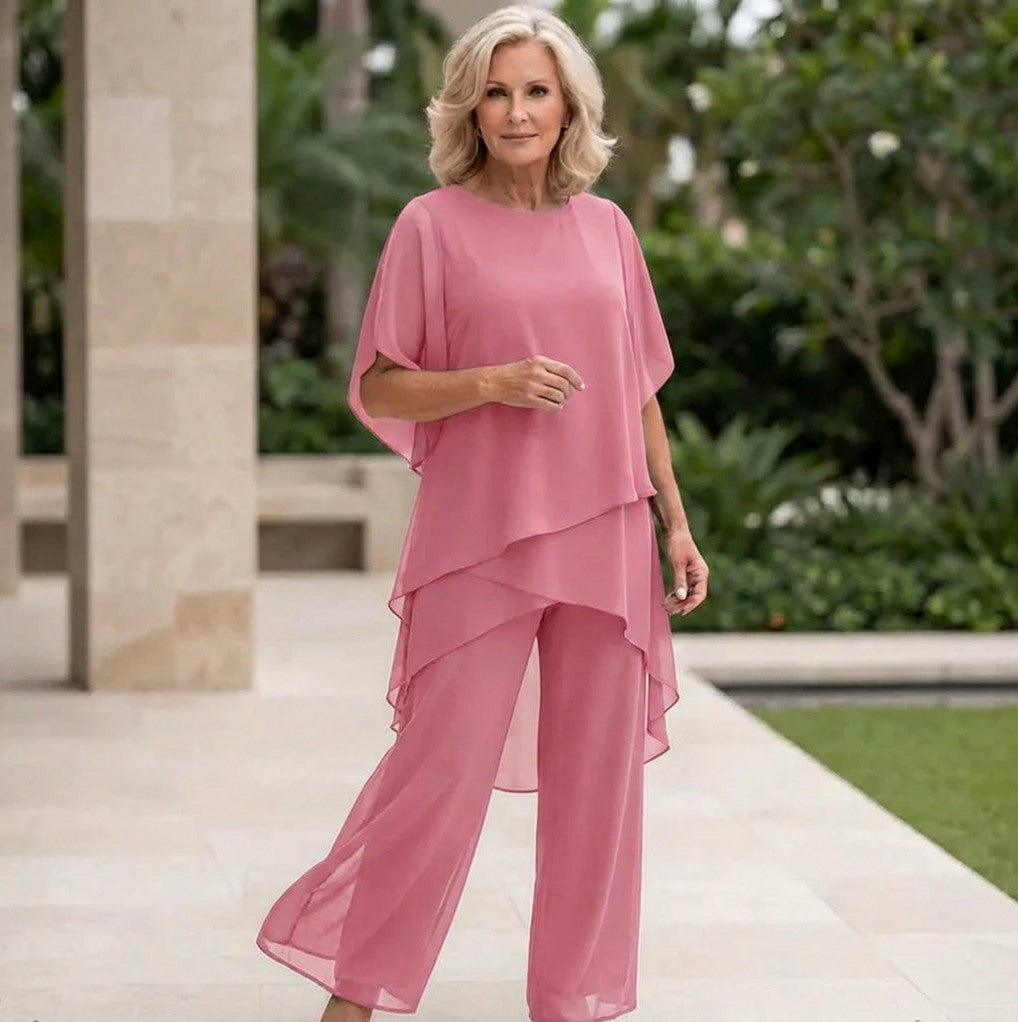Chiffon Tiered Asymmetrical Two Piece Set in Pink