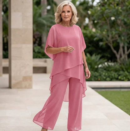 Chiffon Tiered Asymmetrical Two Piece Set in Pink