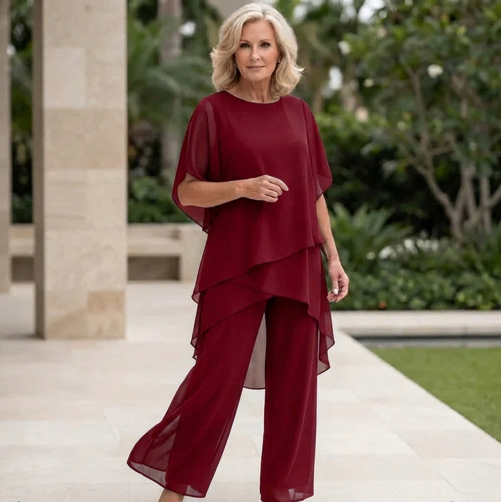 Chiffon Tiered Asymmetrical Two Piece Set in Red