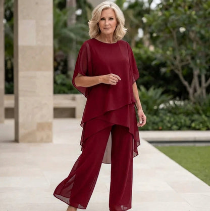 Chiffon Tiered Asymmetrical Two Piece Set in Red