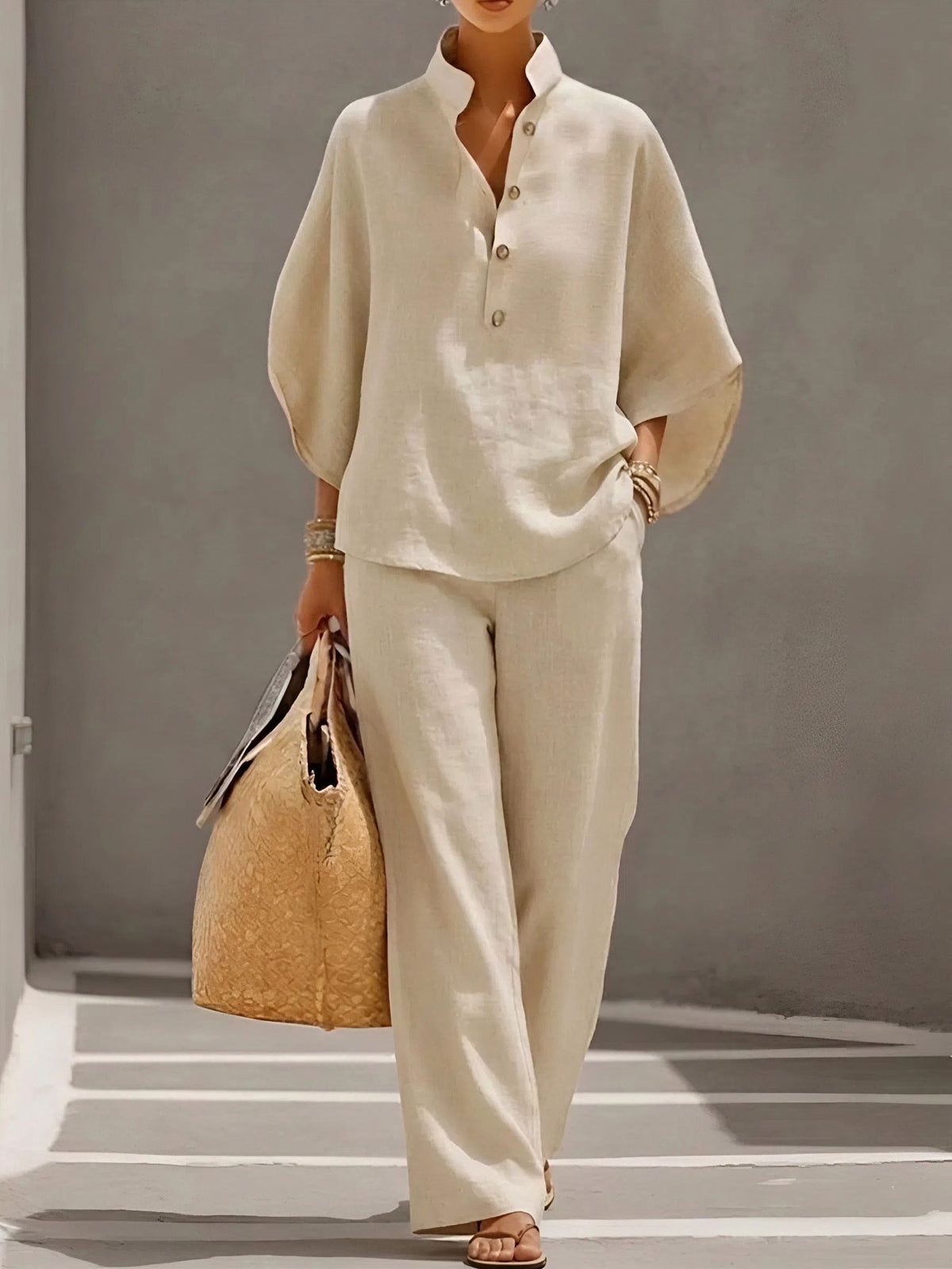 Collared Button Front Two Piece Set in Beige