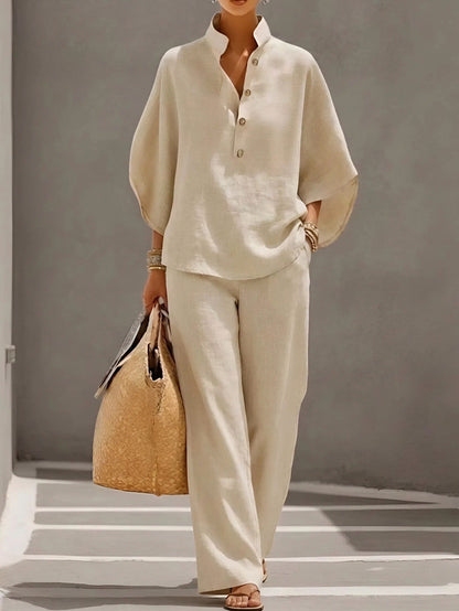 Collared Button Front Two Piece Set in Beige