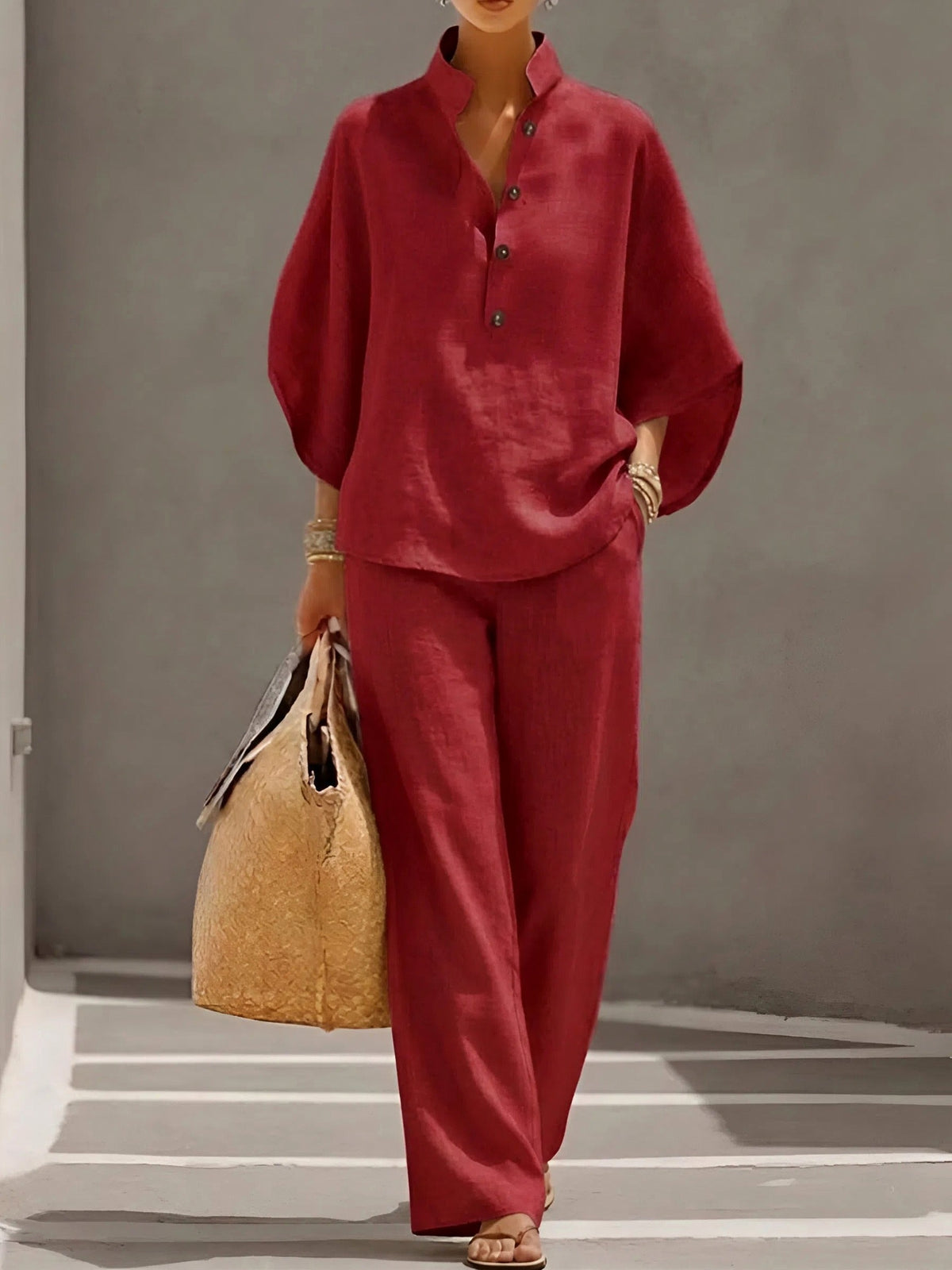 Collared Button Front Two Piece Set in Red
