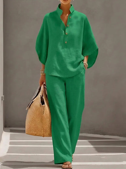 Collared Button Front Two Piece Set in Green