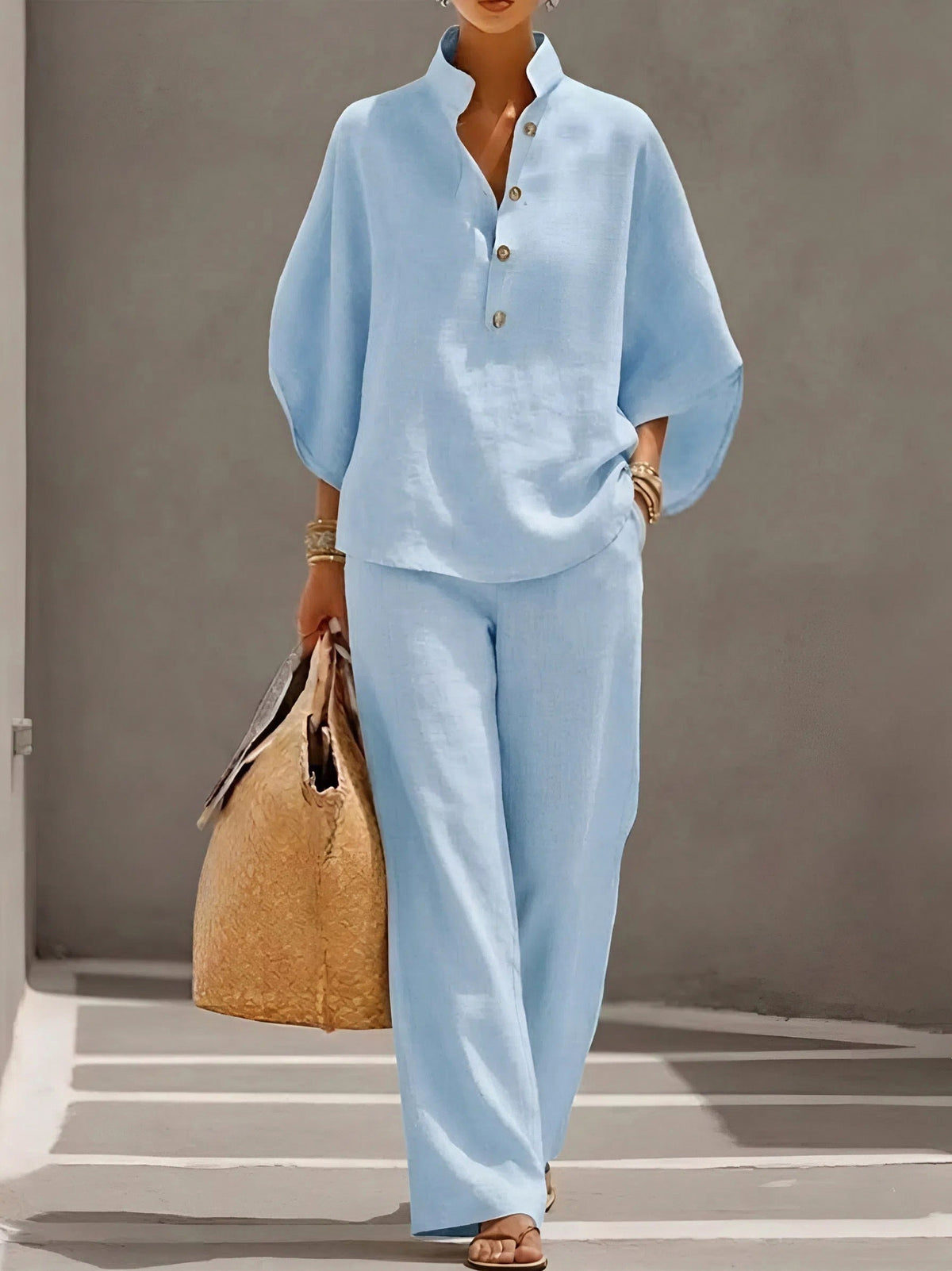Collared Button Front Two Piece Set in Light Blue