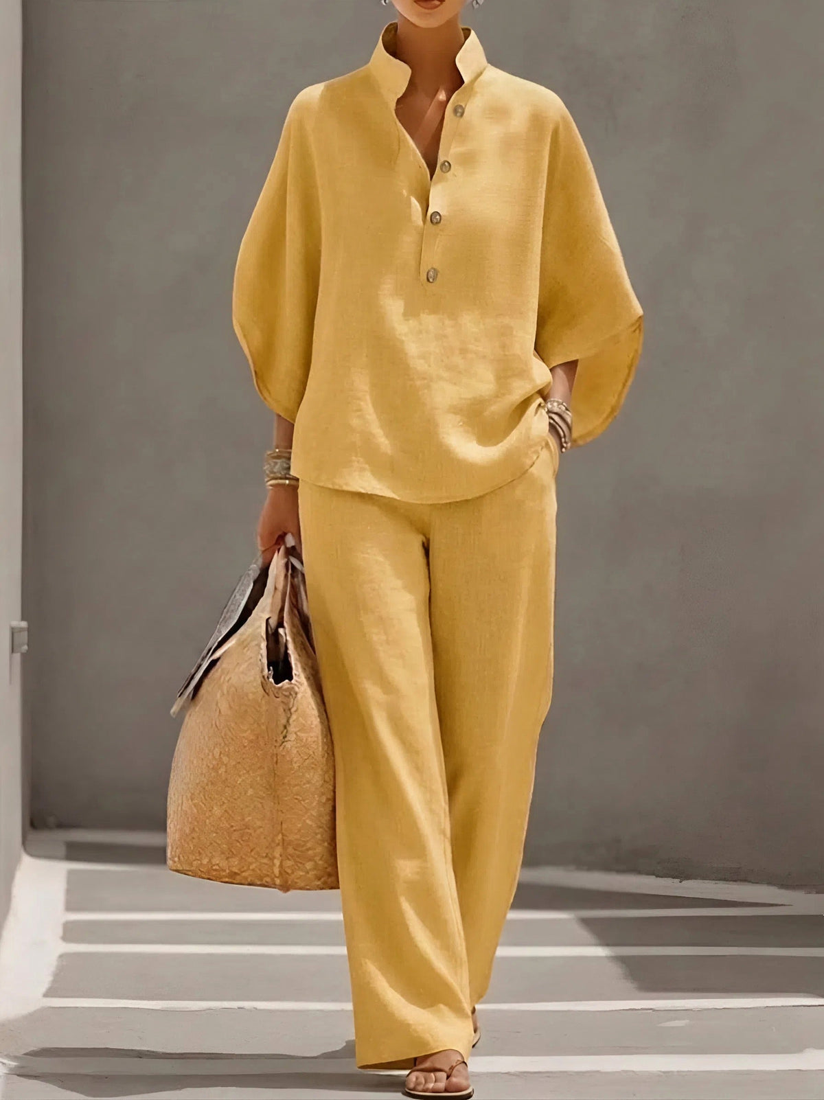 Collared Button Front Two Piece Set in Yellow