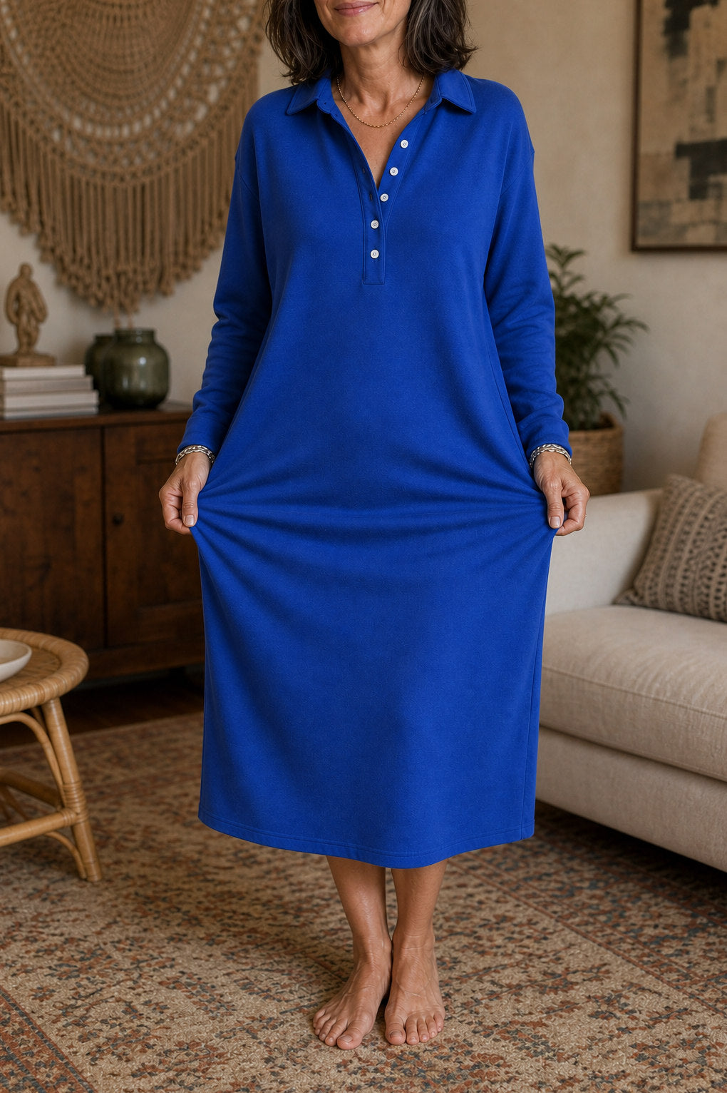 Fleece Polo Collar Midi Dress